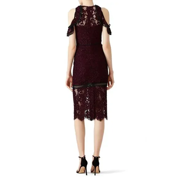 ALEXIS Evie Lace Midi Sheath Dress Womens Small Burgundy Crew Neck Cold Shoulder - Picture 3 of 16